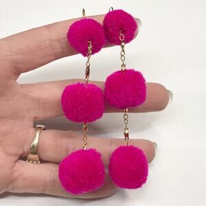 14K Gold Filled Triple Hot Pink Pom Pom Drop Chain Earrings 4in Shoulder Duster